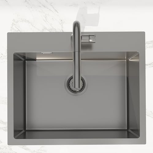Swiss Aqua Technologies | Timeless Fregadero de cocina empotrable en acero inoxidable 304 | 1 bandeja | 55x45x21 cm | Acabado Gun Metal cepillado PVD | Resistente a las manchas y a la corrosión |