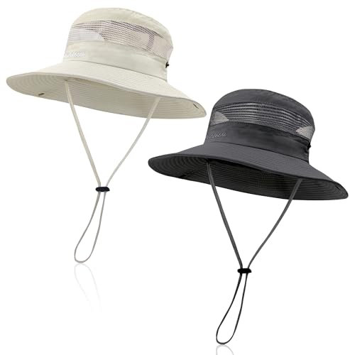 beifon 2 Stück Sonnenhut Damen und Herren, UV Schutz Sommerhut Damen Faltbar Unisex Wanderhut mit Verstellbarem Kinnriemen, Buschhut Gartenhut Mesh Breite Krempe Fischerhut Anglerhut