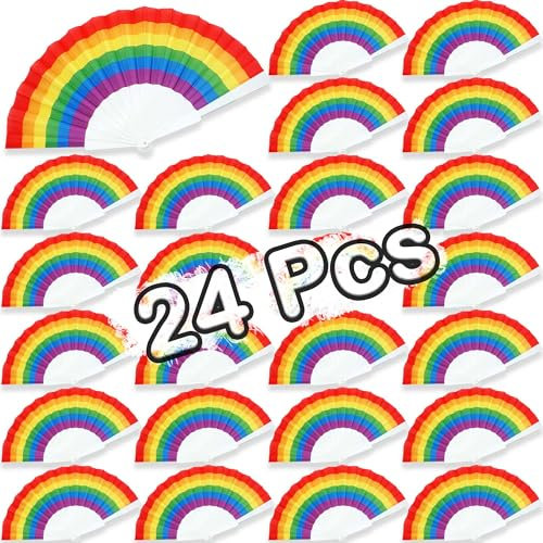 24 Pack Rainbow Folding Fans Pride Decorations Pride Fan Gay Lesbian Wedding Pride Decor LGBT Pride Month Parade Accessories Party Favors Stuff Hand Fans for Women Men, Horizontal Rainbow White