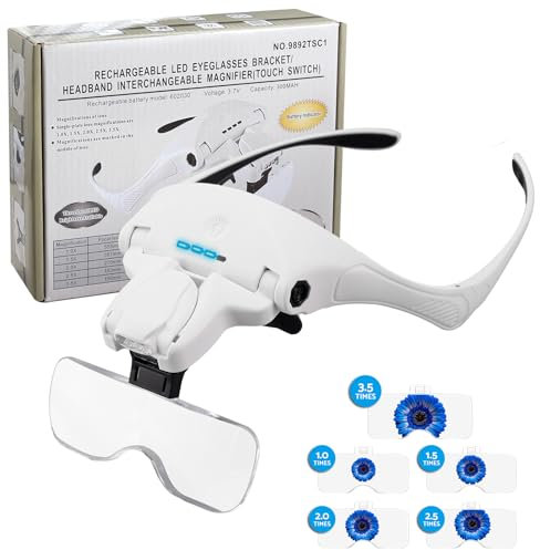HOMGEN Headband Magnifier Rechargeable Head Magnifying Glass with 4 LED Lights and 5 Lenses 2 Ways of Wearing Head Magnifier with Touch Switch and Battery Indicator Light for Reading and Craft Works