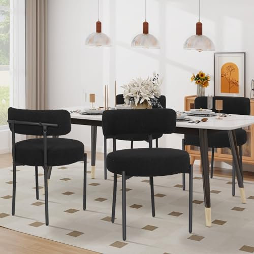 YU YUSING Lot de 4 Chaises de Salle à Manger Bouclettes Rembourrées en Tissu Teddy Ultra-épais, Chaises de Cuisine Salon Confortable Scandinaves, Design Rétro, Pieds en Métal, Restaurant, Noir