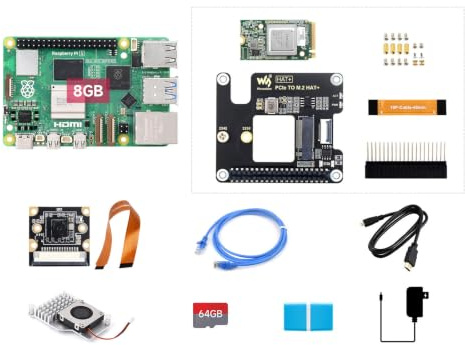 Waveshare PI5-8GB AI Kit B, Compatible with Raspberry Pi 5, Bundle with PI5-8GB, Hailo-8 Acce A, 64GB TF Card, Cooler, Cable and so on (9 Items)