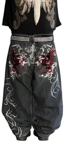 ORANDESIGNE Baggy Jeans Herren Y2K Streetwear Jeans Mit Weitem Bein Hip Hop Skateboard Denim Hosen Lockere Passform B Schwarz M