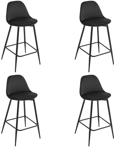 Klihome Barhocker 4er Set, Barstühle Samt, Küchenhocker mit Rückenlehne, hoher Hocker mit Fußstütze, gepolstert, mit Metallbeinen, für Bar Küche Esszimmer Theke, Schwarz, K0004BH-4