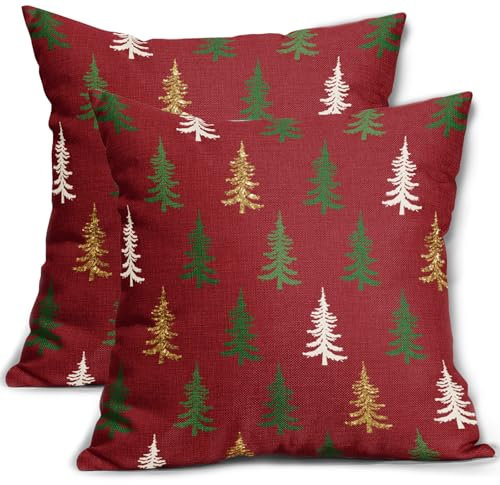 Juego de 2 fundas de almohada rojas de Navidad de 24 x 24 pulgadas, verde y blanco, dorado, árbol de Navidad, estampado rústico, fundas de almohada decorativas para exteriores, decoración de invierno,