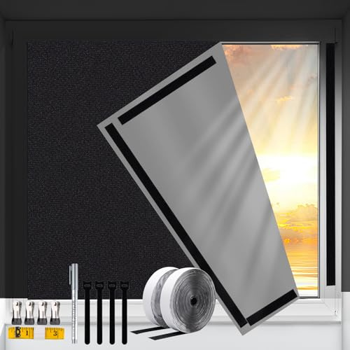 Fenster Verdunkelung, 100% Dachfenster Verdunkelungsstoff ohne Bohren Verdunklungsrollo Sonnenschutzvorhänge, 200x145cm DIY Sonnenschutzfolie mit Klettband, Tragbare Verdunklungsfolie für Schlafzimmer