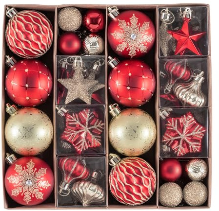 Valery Madelyn Weihnachtskugeln 60tlg. Kunststoff Christbaumkugeln Weihnachtsbaumschmuck Dekoration Weihnachtsdeko mit Aufhänger Glänzend Glitzernd Matt Thema Rot Gold(M)