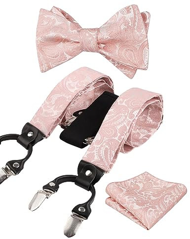 Alizeal Set di bretelle da uomo regolabili con papillon e motivo cachemire, con tasca quadrata ed elastico a Y, 6 clip, Rosa cipria, Taglia unica