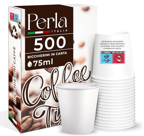 Perla - 500 Bicchierini Caffe Carta 75ml - Bicchieri Caffè Monouso Biodegradabili Bianchi - Bicchierini da Caffè Usa e Getta Ecosostenibili per Bevande Calde