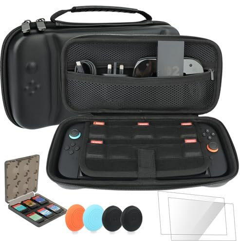 Case and Tempered Glass for Nintendo Switch 2, Travel Carrying Case, 2 Pieces Tempered Glass Screen Protectors, Game Card Cartridge Case, and 4 Pieces Joy-Con Grips Caps,8-in-1 Accessories Kit