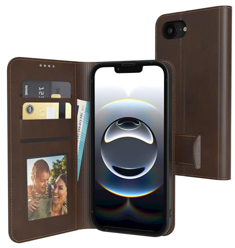 EAZY CASE - Klapphülle für iPhone 16e Hülle klappbar mit Kameraschutz Schutzhülle Magnetverschluss Ständer Vintage Klapptasche Kartenfach Sichtfenster Foto Etui Premium Handyhülle Braun