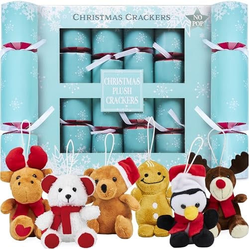 KreativeKraft Weihnachten Knallbonbons Ohne Knall, Christmas Crackers Gefüllt mit Plüsch Weihnachtsmotiven, Partyhüte Witze Geschenk im Inneren, Tischdekoration (Gold)
