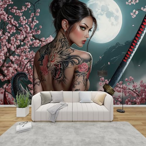 PaxGloz Fototapete Japanische Tattoo Frauen Tapete Samurai Geisha Tapeten Vliestapete Modern Wandtapete Wohnzimmer Schlafzimmer Kinderzimmer Wanddeko Motivtapeten 368 x 254 cm (B x H)