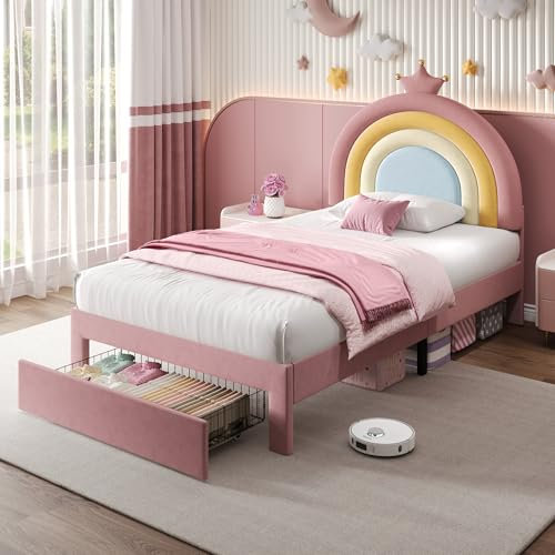 3ft Single Bed Frame Upholstered Platform Bed with Storage Drawer and Adjustable Crown Rainbow Headboard, Single Upholstered Bed for Adults&Teenagers, Metal-Wood Support, Velvet, No Mattress, Pink