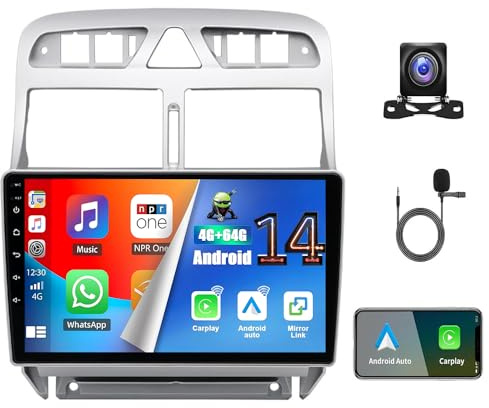 4+64G 9 Zoll Autoradio für Peugeot 307 2002-2013 mit Wireless Carplay und Android Auto,GPS Navigation Bluetooth FM SWC WiFi,Ersatzkamera