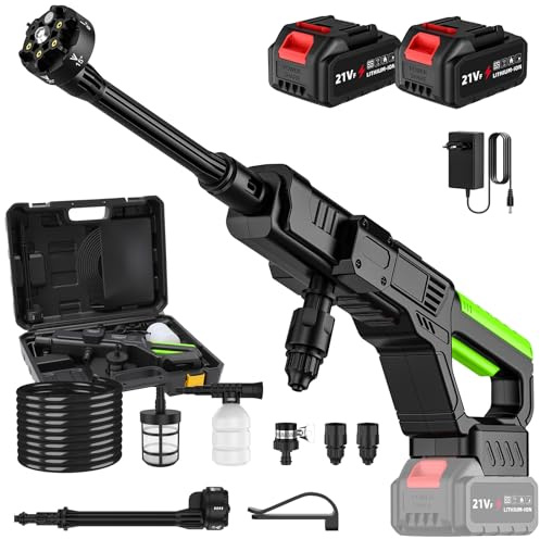 Nettoyeur Haute Pression sans Fil, 50Bar Nettoyeur Haute Pression avec 2 x 3.0Ah Batterie, Buse 6 en 1, Tuyau 5M, Portable Pistolet Haute Pression sur Batterie pour Lavage de Voiture, Cour, Jardin