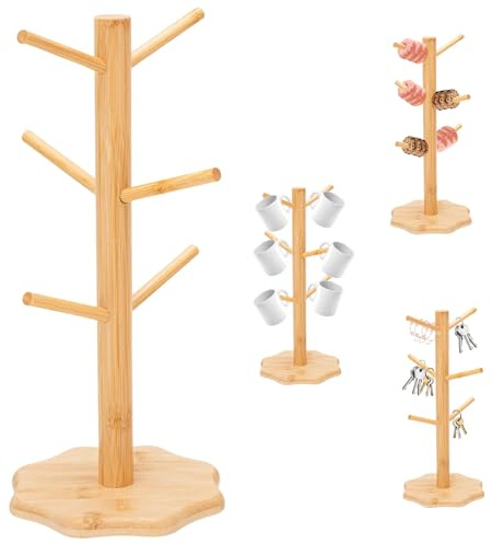 Tassenregal mit 6 Haken, Kaffeetassenständer, Brezelständer Donut Ständer für Küchentheke Tabletop, Cafés, Bäckereien, Tassenhalter Holz Tassenständer für Kaffeetassen und Becher, Platz Sparen