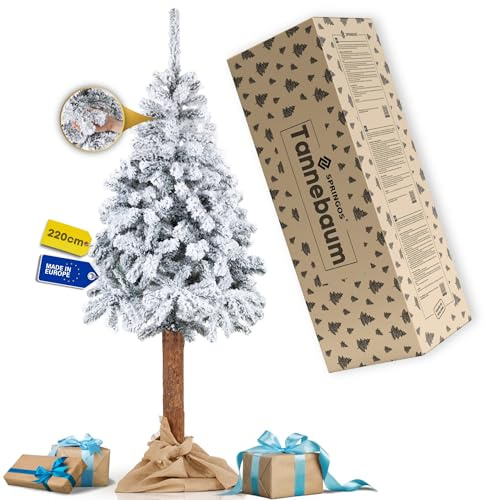 Springos Weihnachtsbaum 220 cm künstlicher Tannenbaum mit Schnee auf Naturstamm – realistischer Christbaum mit Juteabdeckung & stabilem Ständer – Weihnachtsbaum künstlich für Wohnzimmer & Deko