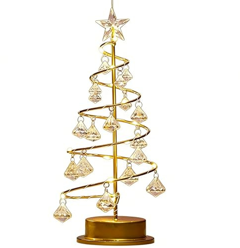 XVICO Spiral Crystal Christmas Tree Lamp LED Star Topper Festive Nightlight | Warm White Spiral Fairy Nightlight Battery Operated Tabletop Centerpiece Holiday Home Christmas Decor