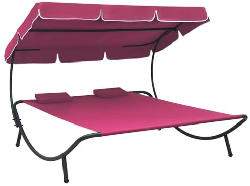 IBUQDDV Sonnenliege mit Sonnendach und 2 Kissen in Rosa für 2 Personen, Wetterfeste Outdoor-Liege aus Oxford-Gewebe mit Stahlgestell für Garten, Terrasse und Strand, Bequeme