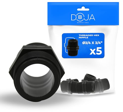 DOJA Barcelona Mamelon Égal Plastique Fileté Double - 3/4x3/4 - Pack 5 - Raccord Fileté Plastique Mâle Mâle Pouce, Raccord à Compression, Montage Rapide, Polyvalent Piscine et Jardin