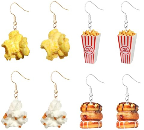 COACOM 4 Paar Popcorn-Burger-Ohrringe, Lustige Essensohrringe, Straßenfestdekoration Für Essen, Süßer Und Lustiger Schmuck.