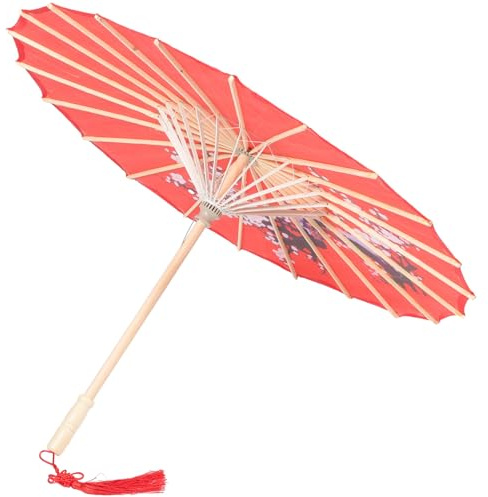 Lurrose Chinese Small Silk Umbrella Decorative Parasol with Smooth Polished Bamboo Handle, Retro Vintage Style for Party and Photography Use, Red Festival Umbrella Decor for Girlfriends