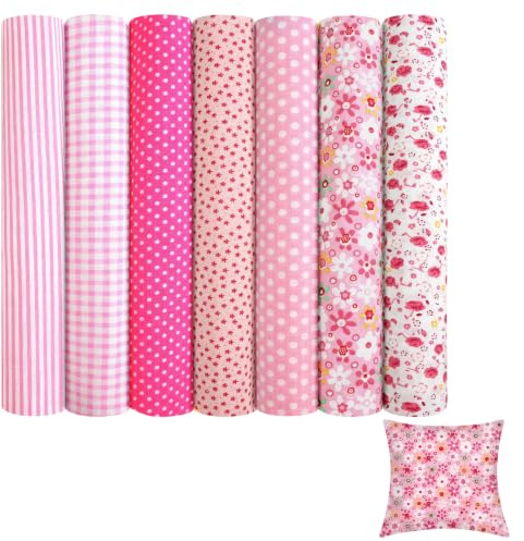 7 Stück Baumwollstoff, 50 x 50 cm Patchwork Stoffe Paket, Stoffe Zum Nähen Verschiedene Designs, Stoffpakete Zum Nähen Für DIY Basteln Handwerken, Puppenkleidung, Rosa