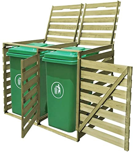 LoogCape Boîte à poubelle pour 2 tonnes de 240 litres en bois de pin imprégné vert, résistant aux intempéries, verrouillable, avec 2 portes avant, 2 couvercles, protection visuelle, montage facile