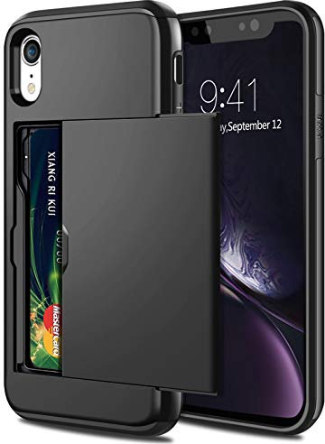 SAMONPOW iPhone XR Case - Hybrid Wallet Case with Card Holder - Heavy Duty Protection - Black