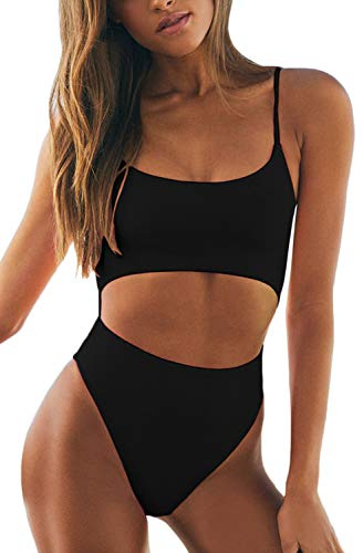 Meyeeka Women Spaghetti Strap Scoop Neck Cut Out Monokini High Cut One Piece Swimwear Black S