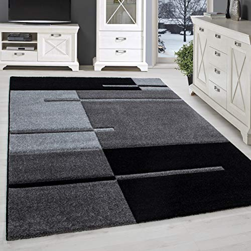 SIMPEX Teppich 160x230 cm Kurzflor Konturenschnitt in Schwarz Grau Kariertes Design, Waschbar, Pflegeleicht, Extra Weich Für Wohnzimmer, Esszimmer, Schlafzimmer