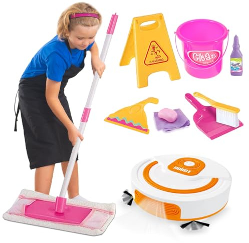Koolbitz 12PCS Kids Cleaning Set with Robot Hoover - Pretend Play Vacuum Cleaner, Mop Bucket, Dustpan & Brush, Complete Housekeeping Role Play Gift Toy for Children 3+