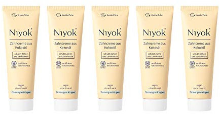 NIYOK Zahncreme Kokosöl + Zitronengras & Ingwer (5x75ml), natürlichen Wirkstoffkombination aus Kokosöl und erfrischenden Extrakten, Bio Zahnpasta, Vegan, Fluoridfrei, Naturkosmetik