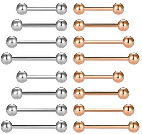 LAURITAMI 16pcs Tongue Bars 14G 12-18mm Straight Barbell Surgical Steel Tongue Nipple Ring Piercing Jewellery Women Men