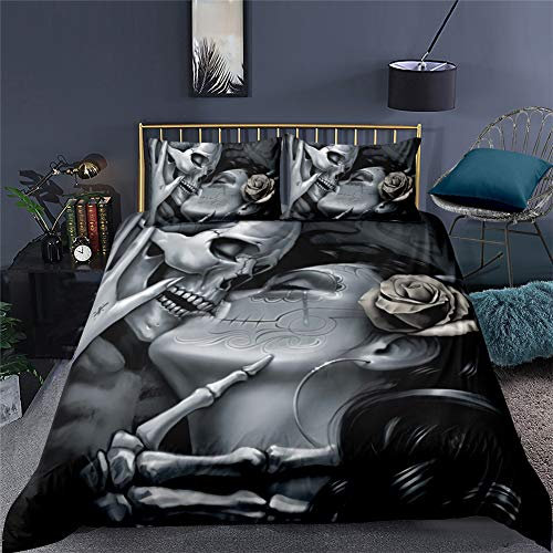 AYMAING Cartoon Totenkopf Poker Bettbezug Set mit Reißverschluss, 3-teiliges Bettwäscheset (1 Bettbezug + 2 Kissenbezüge), Totenkopf-Poker