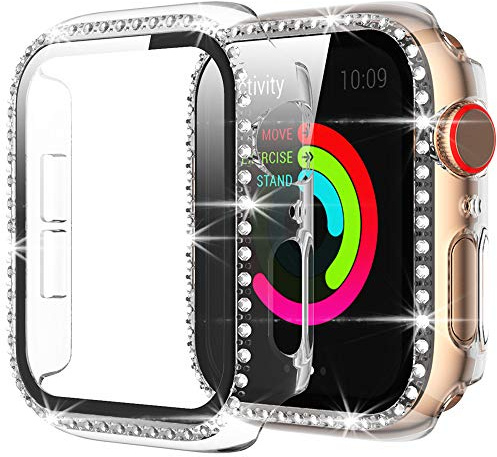 Miimall Kompatibel mit Apple Watch Series 3/2/1 38mm Hülle mit Glas Displayschutz, Strass Glitzer Harter PC Schutzhülle Kratzfest Schutzfolie Schutz Case für iWatch Serie 3/2/1 - Klar