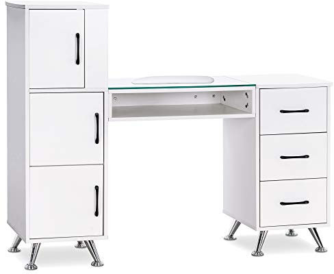 BarberPub Manicure Table, Nail Makeup Desk with Drawers, Storage Beauty Salon Workstation 2611 (White)