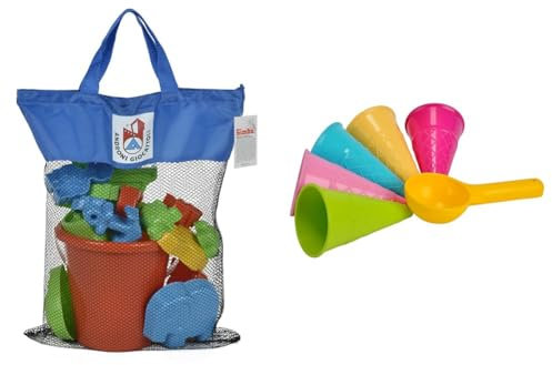 Simba 107114090 - Sandspielset, Eimergarnitur, Sandkasten, 22 Teile, 50x26,5cm, Es Wird nur EIN Artikel geliefert & Sandformen EIS, 5 Waffeln, 1 Portionierer, Sandspielzeug, 15cm, Geschenkset