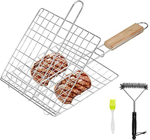 MEETANG BBQ Grillkorb, Faltbarer Fischbräter, Tragbares Grill Fischhalter aus Edelstahl, Grillgitter mit Reinigungsbürste und Saucenpinsel, Grillroste Grill Basket für Fisch Gemüse Steak Garnelenk