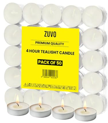 Tea Lights Candles 4-Hour Burn (50 Pack) - White t Lights - Unscented 3.8 x 2.3 cm - 4hr - Zuvo