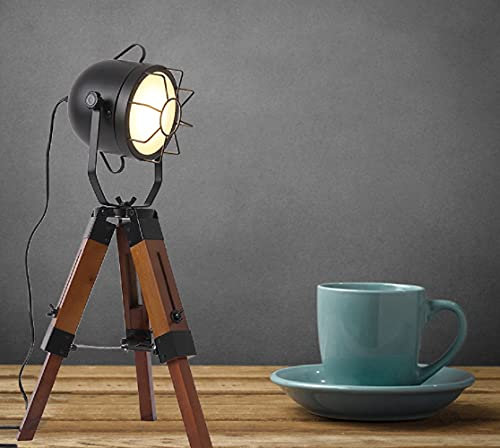 Industrial Vintage Tripod Table Lamps for Living Room Bedroom, Searchlight Standing Reading Lamp, Metal Wood Nautical Spotlight Lights for Studio, Study Room and Office (Style 1)