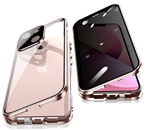 Jonwelsy Anti Peeping Hülle für iPhone 13 (6,1), 360 Grad Schutz Case, Privatsphäre Gehärtetes Glas Anti-Spähen Cover, Stark Magnetische Adsorption Metallrahmen Handyhülle für iPhone 13 (Rosa)