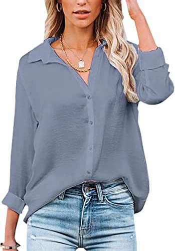 VIGVAN Womens Blouse Casual Long Sleeve Shirt Tops V Neck Button Down Shirts Basic Loose Tunic T Shirts (XXL, Grey Blue)