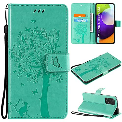 VEEMOS Handyhülle für Samsung Galaxy A52S A52 5G Hülle Klappbar Katze-Baum mit Kartenfach Klapphülle Schutzhülle Handy Tasche Leder Book Flip Case Cover Handytasche Damen - Grün