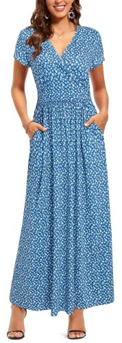 OUGES Women's Summer Casual V Neck Short Sleeve Floral Pattern Wrap Ladies Maxi Long Dress with Pockets(Floral-51,M)