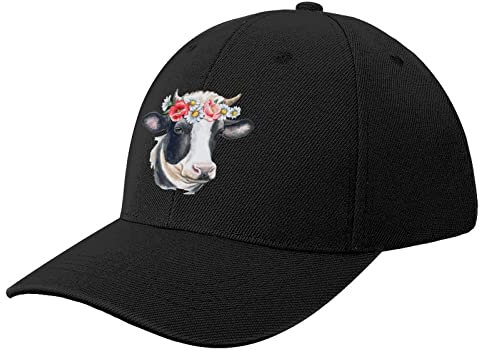 NIBABA Damen Kuh mit Blumen Baseball Cap Herren Sport Caps Sommerhut Verstellbar Baseball, One Size, Schwarz, 6 3/4/7 1/2