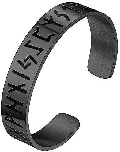 FaithHeart Bijoux Bracelet Runes 15mm Viking Nordique pour Homme Jonc Ouvert Noir Acier Inoxydable