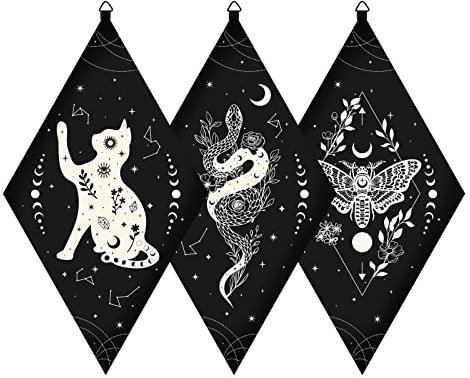 craspire Wanddekoration Aus Holz, Boho, 3 schwarzes Pendelbrett Aus Holz, Katzen, Schlangen, Motten, Wandbehang, Ornament, Rhombus, Wandkunst Mit Tarot-Mustern