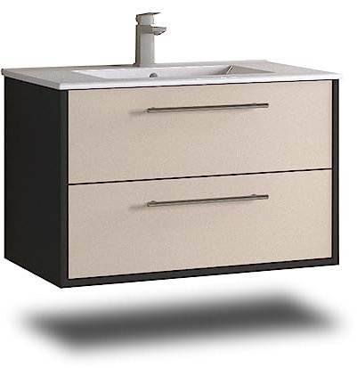 Stil.Zeit Evelia Badmöbel inkl. Waschbecken | Waschtisch mit Unterschrank 80.5 cm | Anthrazit/Creme | Metallgriffe/hängend